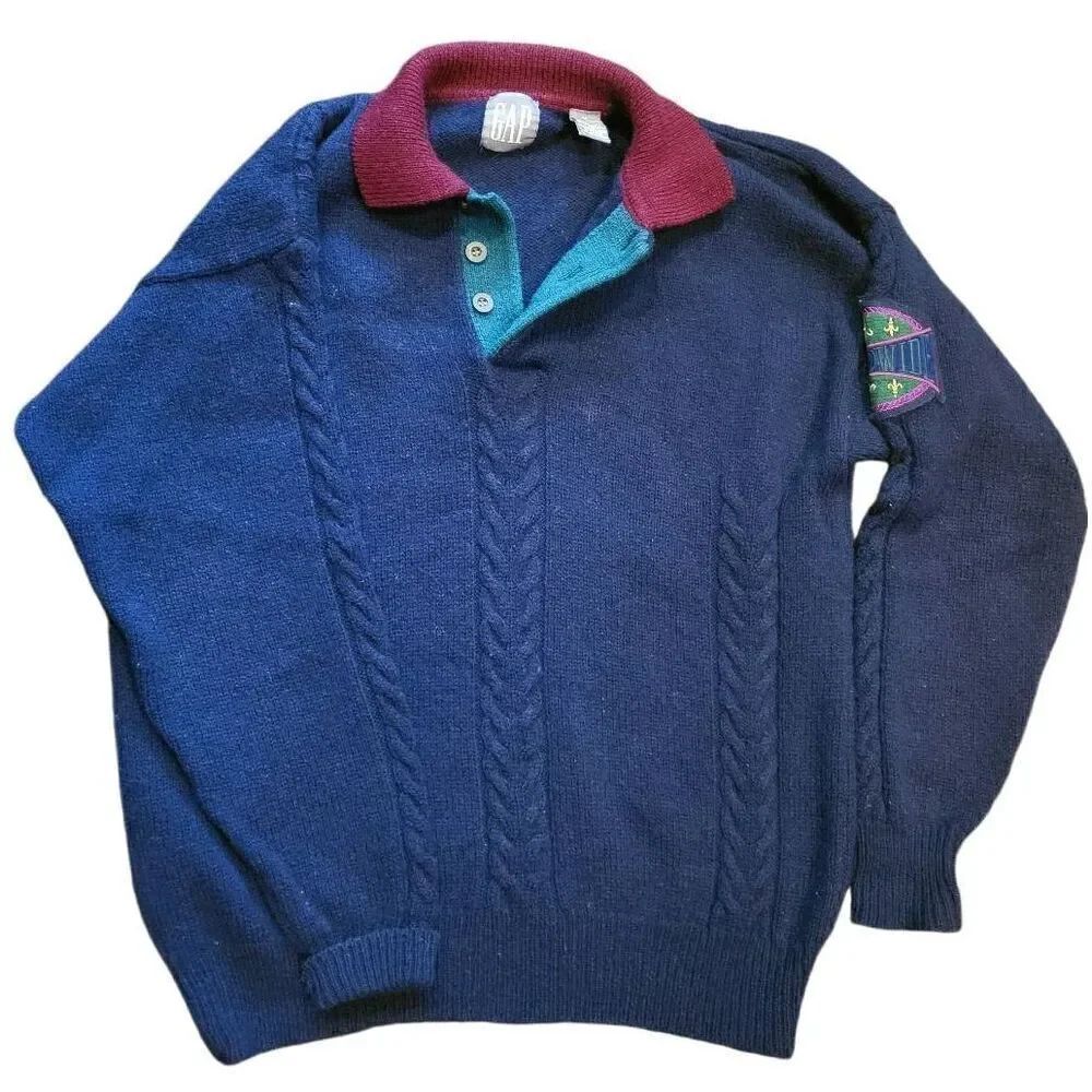 GAP Vintage 1990s Sweater Men's Medium Polo Collared Wool Cable Colorblock